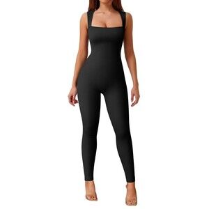 OQQ Black Bodysuit Small Stretch Slimming Ribbed Square Neck Jumpsuit One Piece